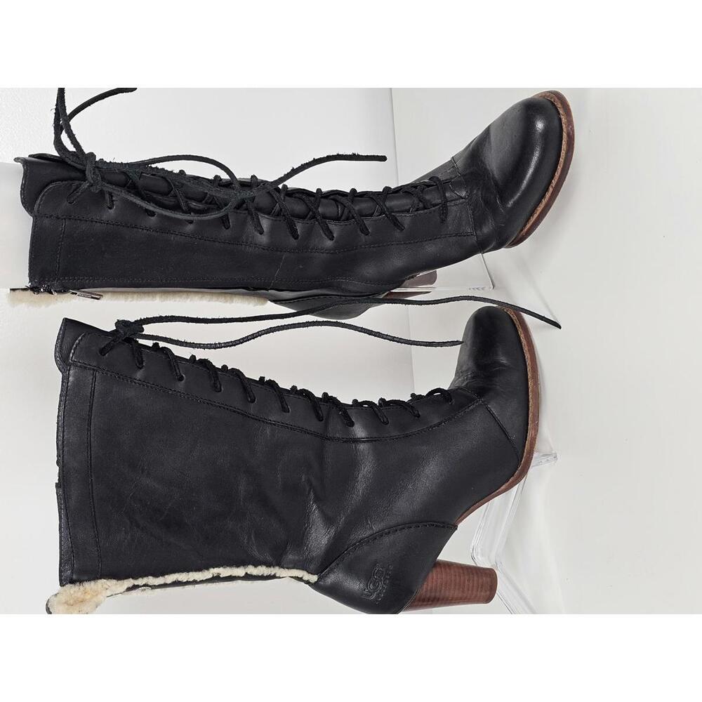UGG Black Leather Lace-Up Heeled Boots with Shearling Detail